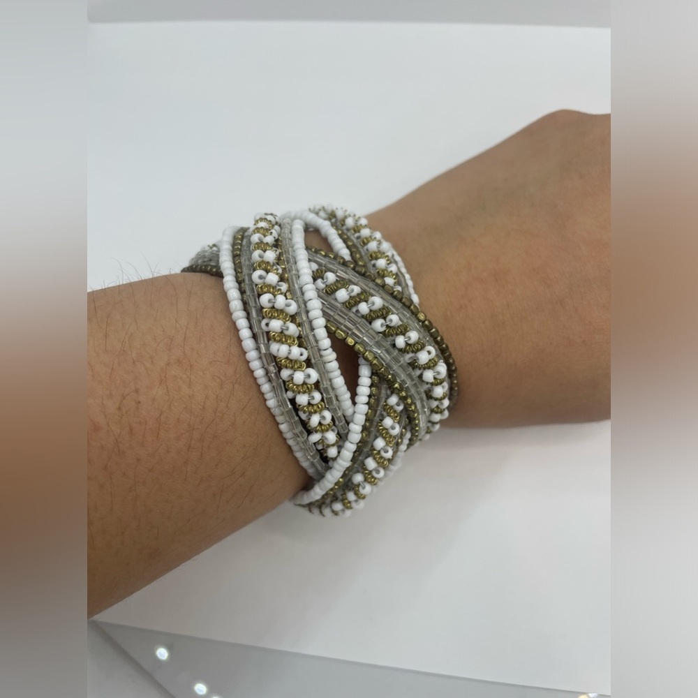 Braided Cuff Bracelet White Gray Seed Beads Vintage Fashion Jewelry Retro Style
